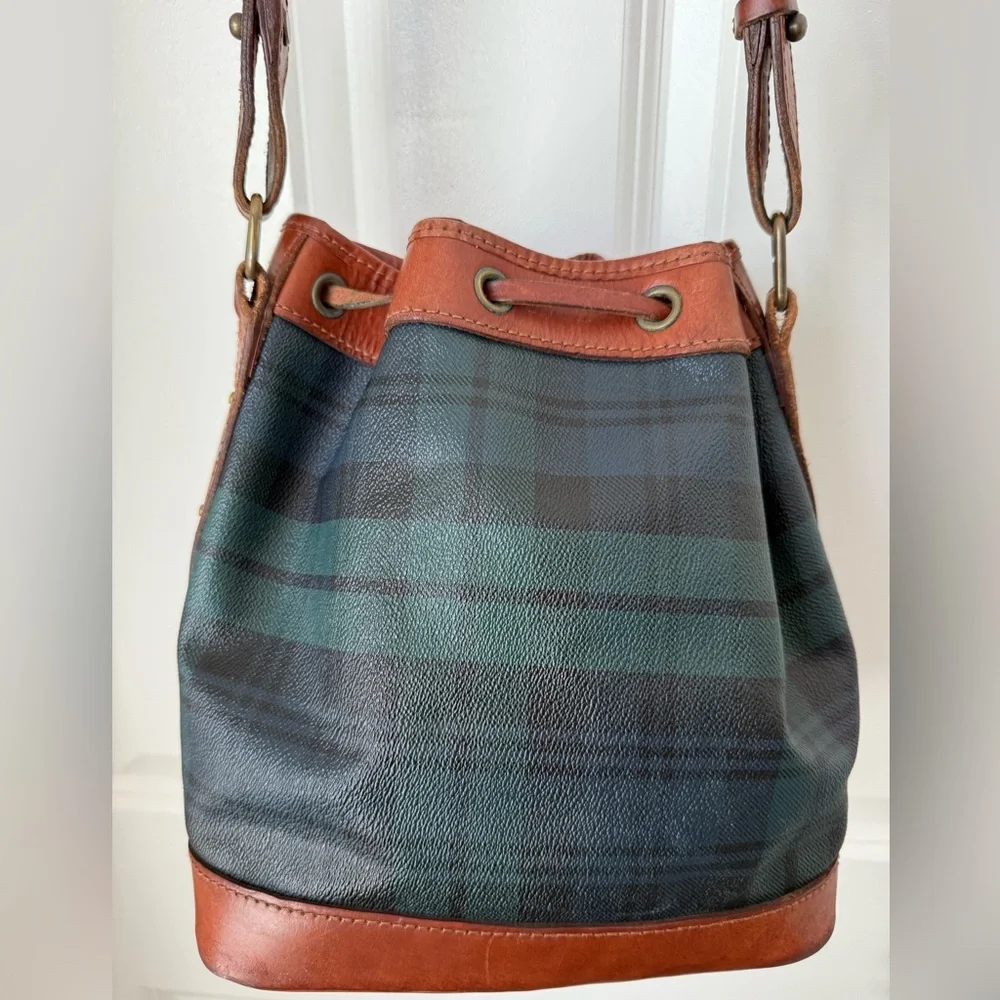 Vintage Polo RALPH LAUREN Green Tartan Plaid Leather Drawstring Bucket Bag 90s - Picture 3 of 16